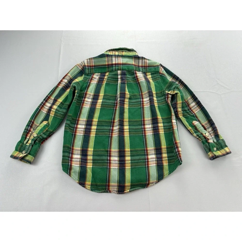 Ralph Lauren Boys Size 5 Green Plaid Flannel Shirt Cotton Button Down Holiday